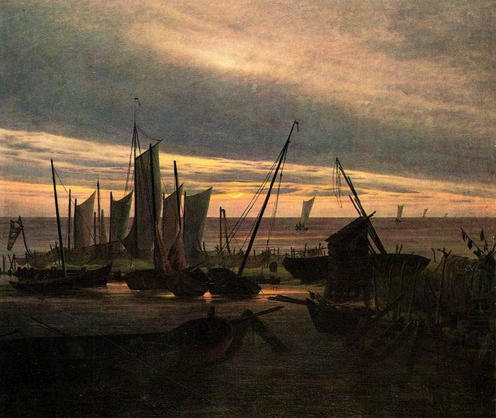 Schiffe im Hafen am Abend (Nach Sonnenuntergang), Caspar David Friedrich